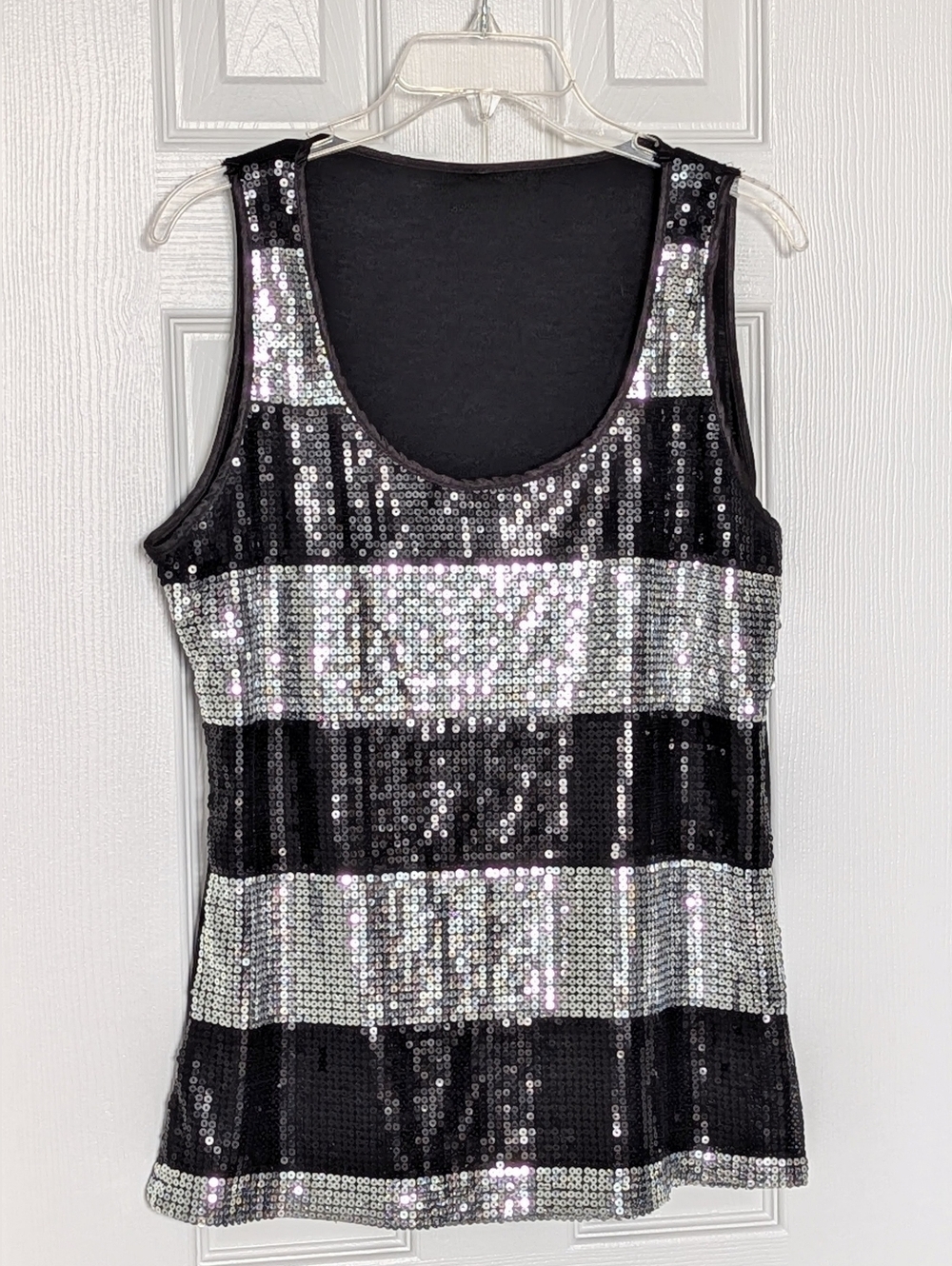 Debbie Shuchat Women's (Large) Black & Silver Striped Sequin Sleeveless Tank Top - Picture 2 of 15